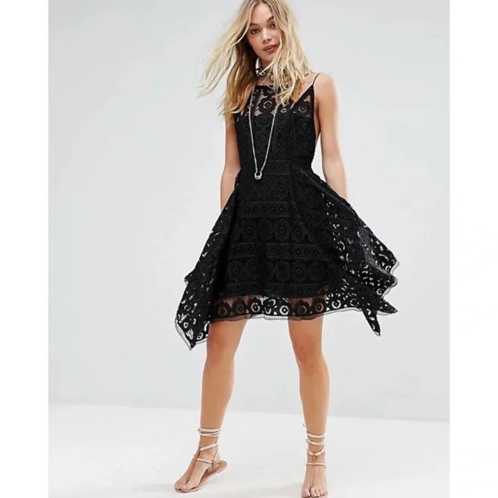Free People Black Boho Just Like Honey Drape Hem Lace Mini Dress size 6 - Picture 6 of 14